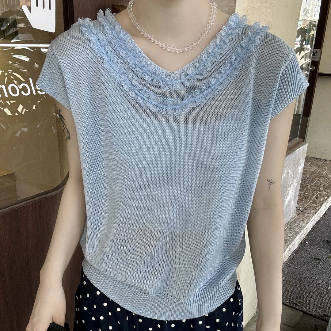 夏季时尚套头修身百搭蕾丝针织衫