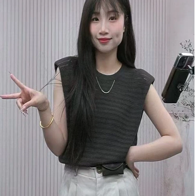 镂空纯色简约背心薄款休闲条纹百搭时尚无袖毛针织衫TX138