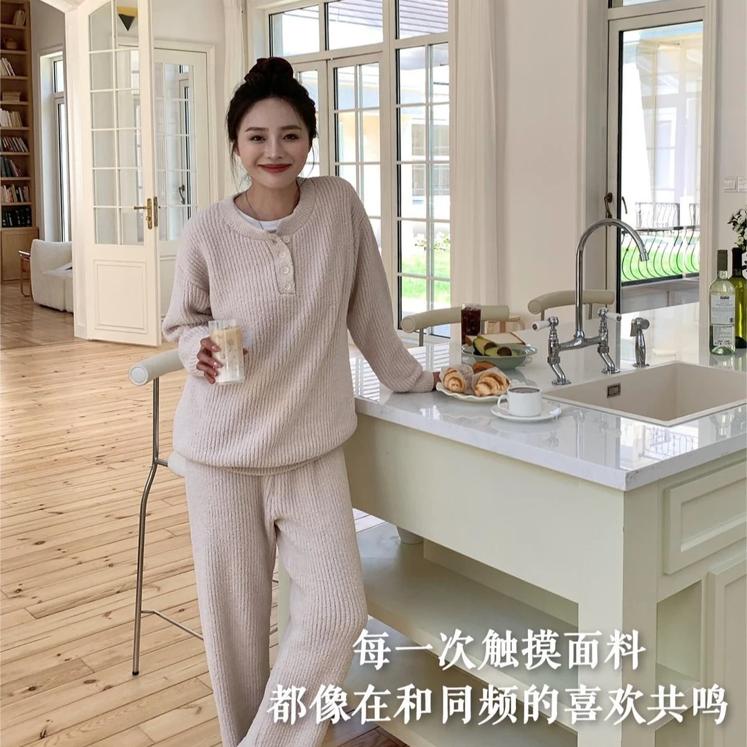 半边绒战歌款亨利领情侣睡衣套装女秋冬宽松保暖可外穿家居服