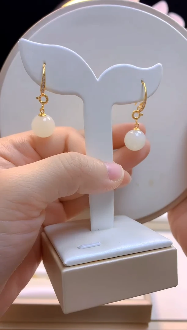 银S925镶嵌和田玉耳坠珠珠耳坠