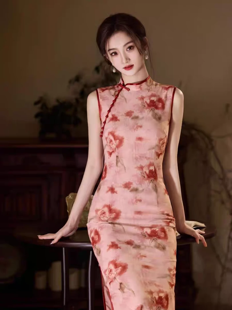 （未眠）120长双层弹力网纱旗袍修身文艺港工老上海改良日常夏显瘦