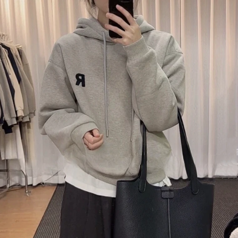 设计感刺绣字母R加绒连帽卫衣女秋冬2024年新款百搭休闲长袖上衣