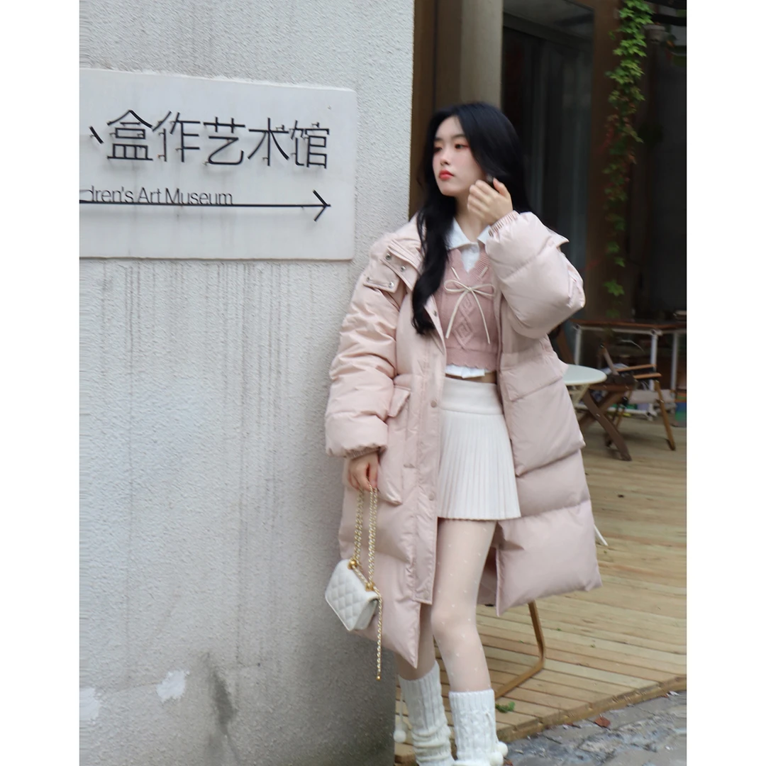 Blovelan【现货】午后旋律 学院风90白鸭绒连帽中长款保暖羽绒服冬