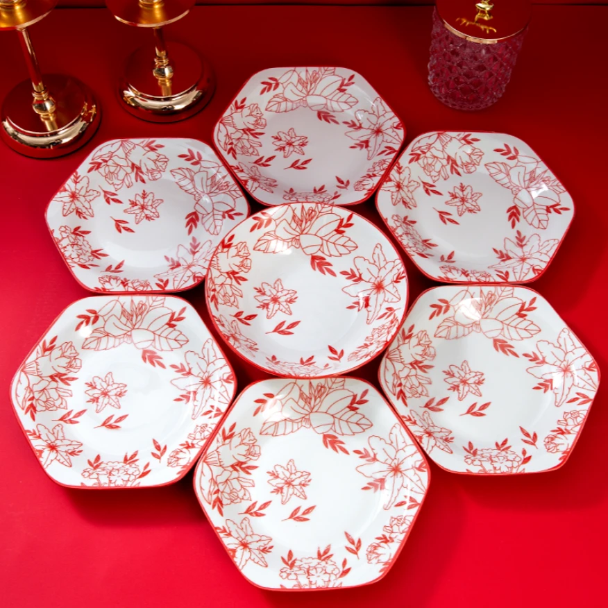 8.5英寸新年高定款玫瑰六角盘6个+8英寸汤碗1个 破损联系客服