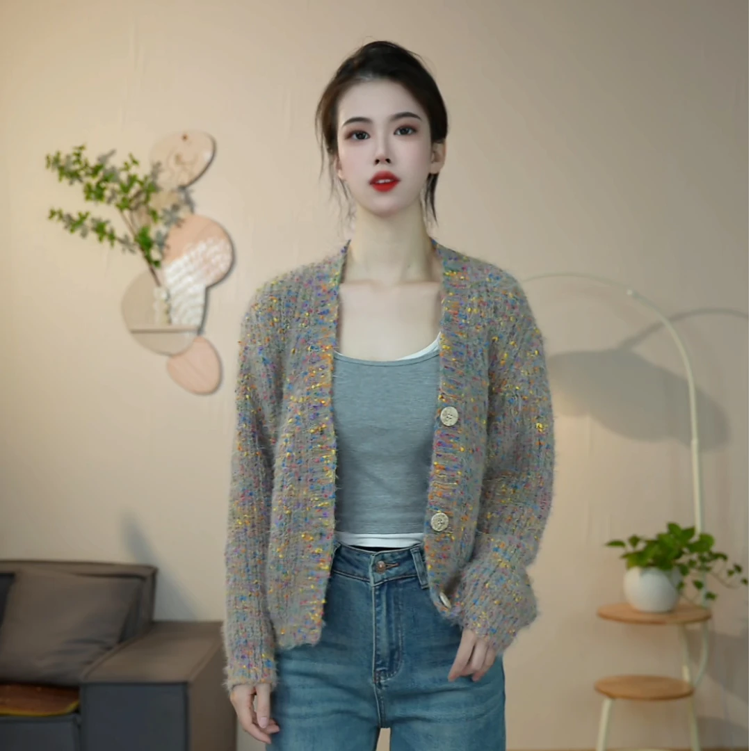 长袖慵懒风扎染薄款毛针织衫圆领秋季时尚糖果系毛衣
