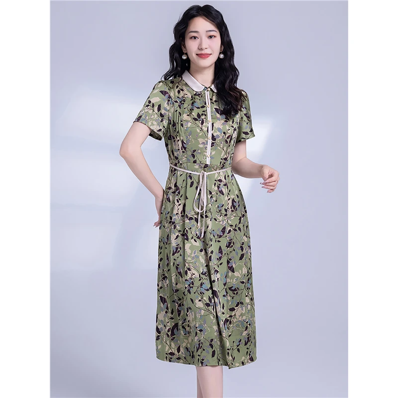 L2068时尚轻薄树叶花缎面连衣裙2024夏装专柜品