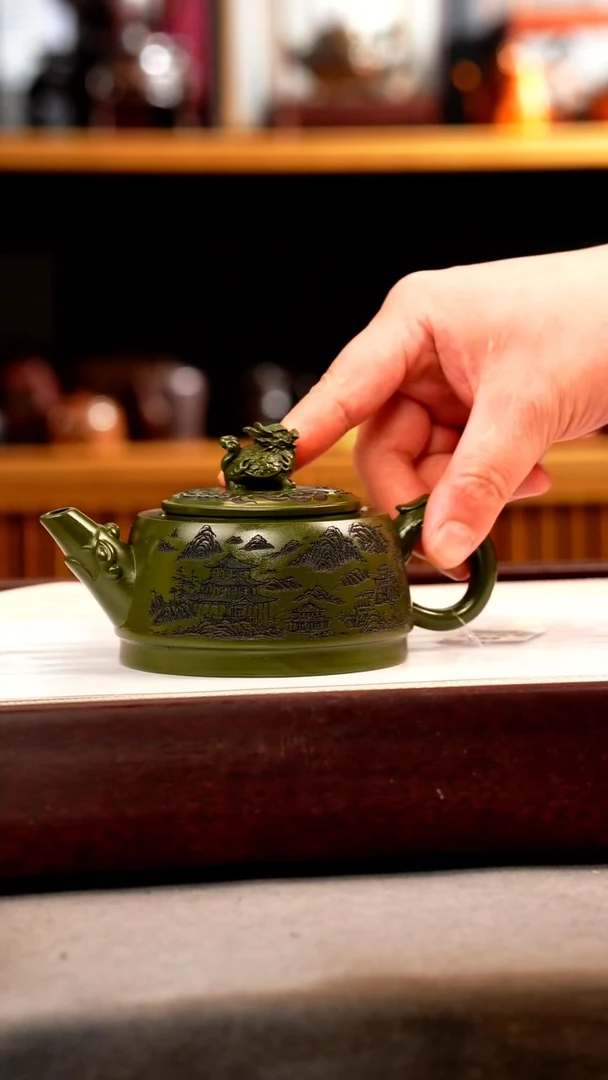 茶壶紫砂绿泥 龙龟 刻绘