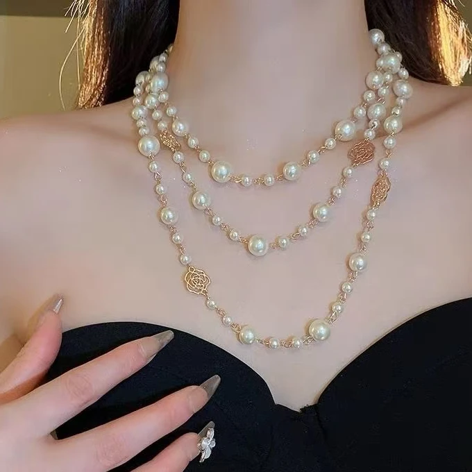 钛钢仿珍珠项链 法式气质长款项链复古网红时尚毛衣链轻奢y