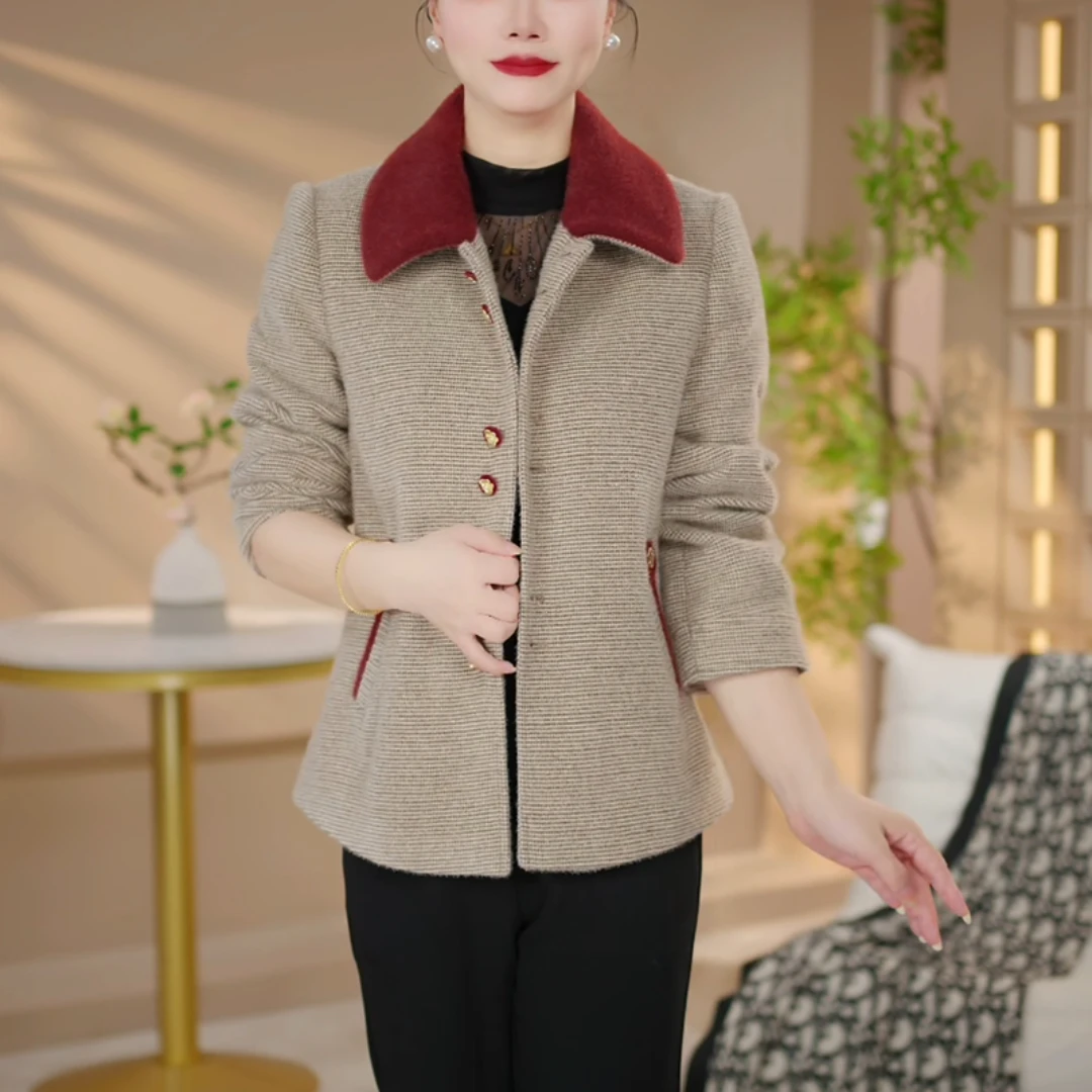 洋气呢外套女2025年秋装毛中年妈妈短款修身细显瘦翻领高端上衣