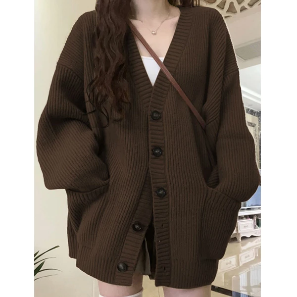 美拉德咖色开衫毛衣外套女春秋2025新款爆款宽松中长款针织衫外套