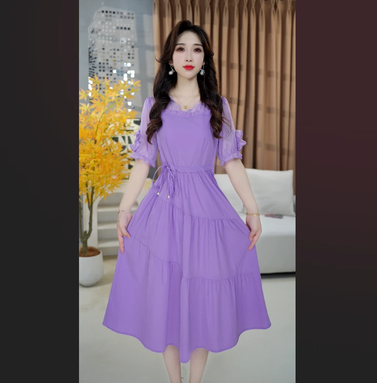 时尚洋气收腰连衣裙夏季女装高腰显瘦泡泡袖裙子不规则领型 25A38