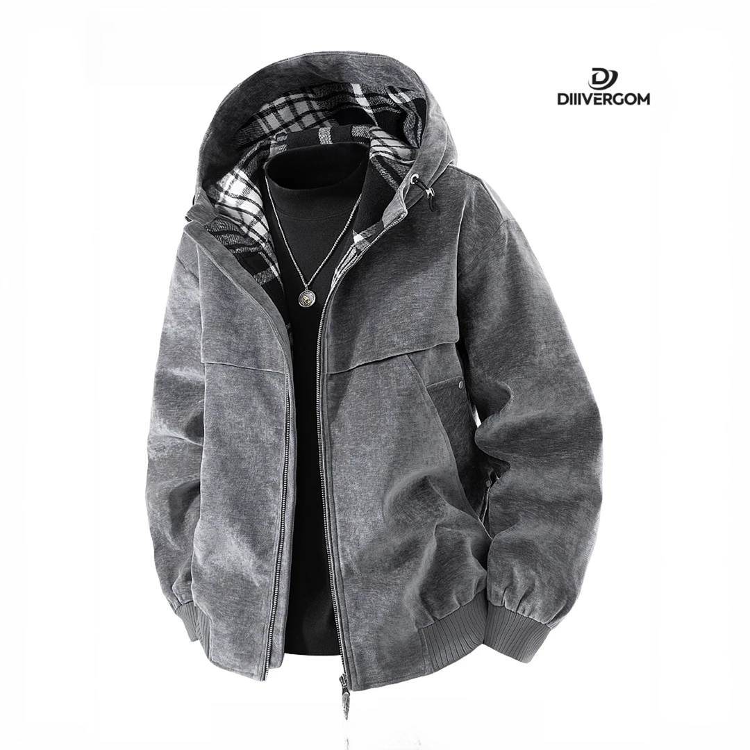 DIIIVERGOM雪尼尔夹克男士秋季新款复古潮牌宽松格纹拼接连帽外套