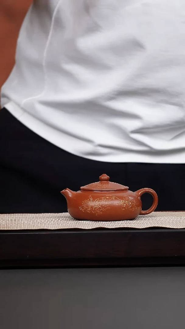 茶壶紫砂鹅黄朱泥刻绘寒江