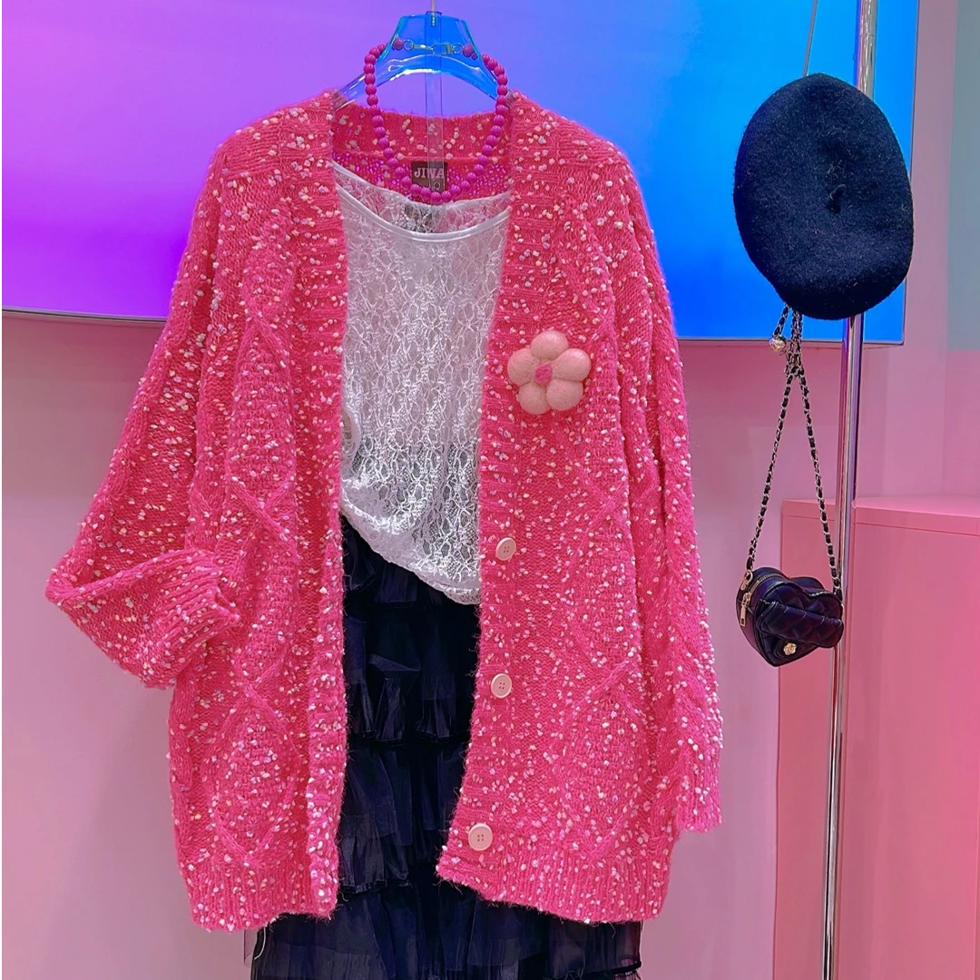 【纯熙+】90162秋冬新款立体花朵彩点毛衣开衫外套女韩版宽松百搭