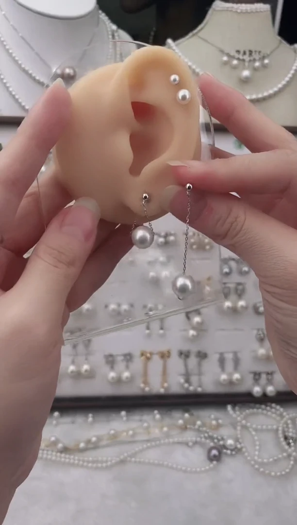 银S925镶嵌耳饰淡水珍珠51圆珠默认微瑕