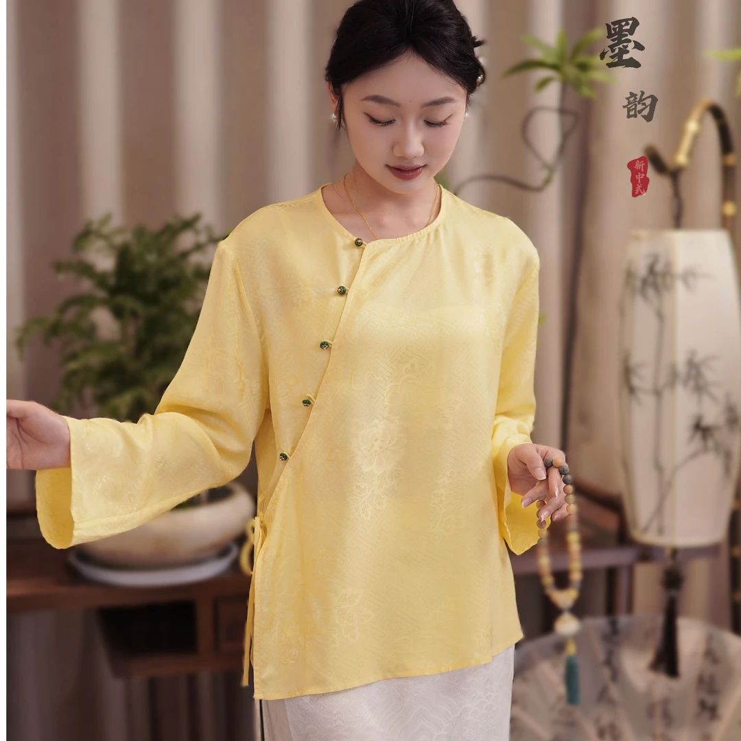 杭罗满分桑蚕丝亮黄内搭新中式国风女上衣斜襟2025春款