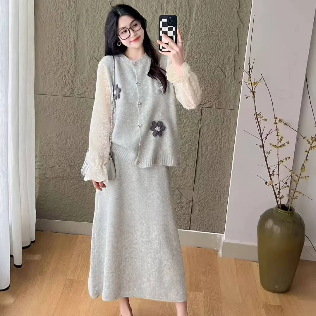 2025女装秋季新品韩版时尚清新甜美减龄花朵上衣百搭半身裙子套装