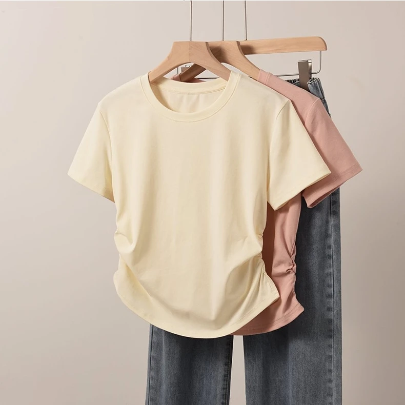 DC907 唐狮2025夏季新款甜美修身T恤女圆领气质内搭收腰短款小个