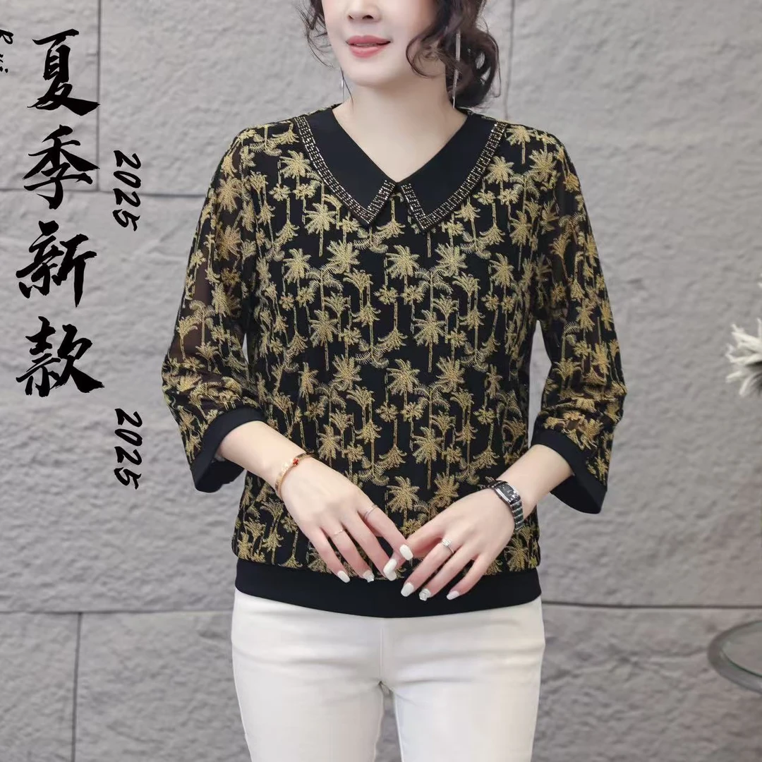 741春夏妈妈新款娃娃领网纱气质中老年T恤V领中袖洋气大码上衣