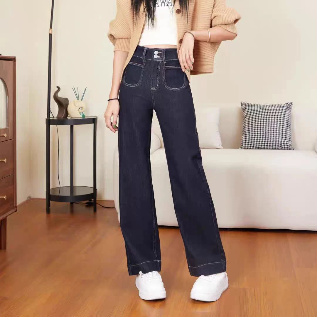 EM新款牛仔长裤显瘦高腰直筒时尚显瘦牛仔裤女百搭蓝色女孩小个子