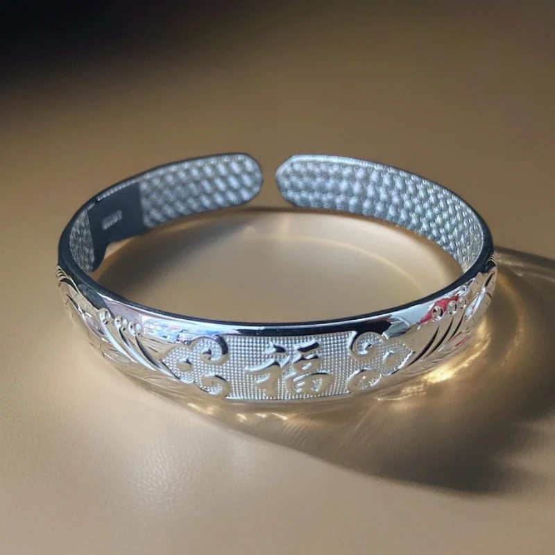 足银手镯 子辰珠宝妈妈镯足银999经典实心亮面女款银制镯子时尚