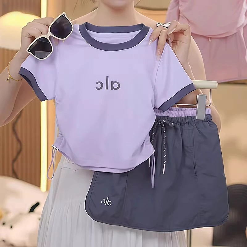 女童拼色短袖半身短裙套装2025夏季字母T恤工装裙速干运动裙裤潮9