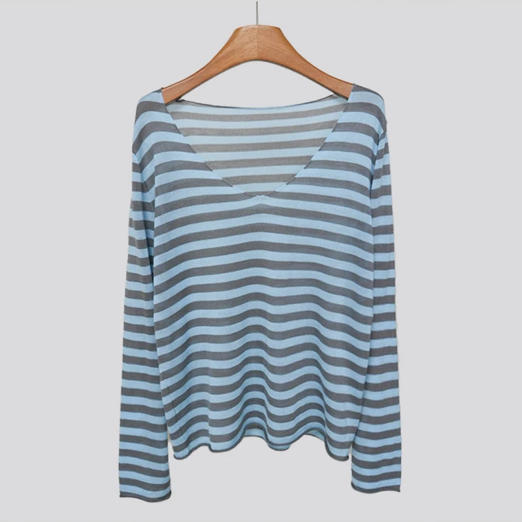 【 NI LI 】U口落肩蓝黑条纹薄长袖T恤-YMY2502016