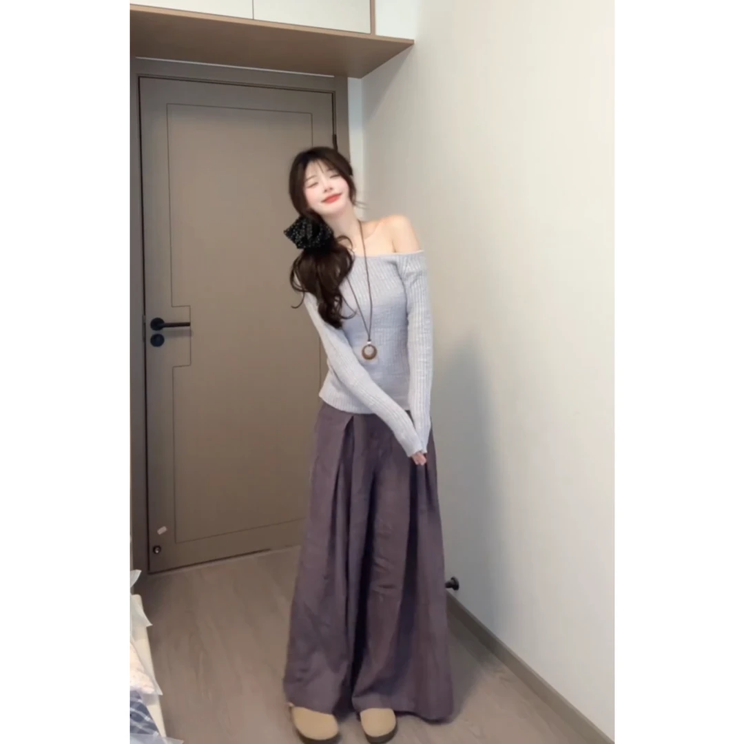 INS CEC设计感性感修身斜肩针织衫女春季紫色休闲裤阔腿裤两件套