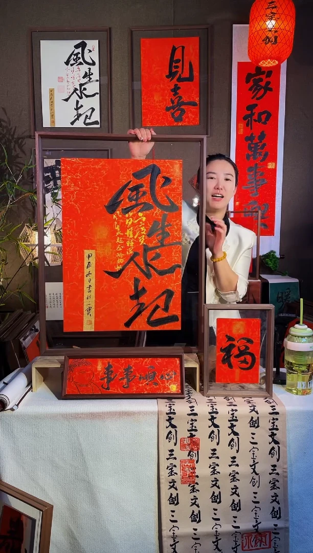 【闪购商品】书法【风生水起】红纸实木手写62*82