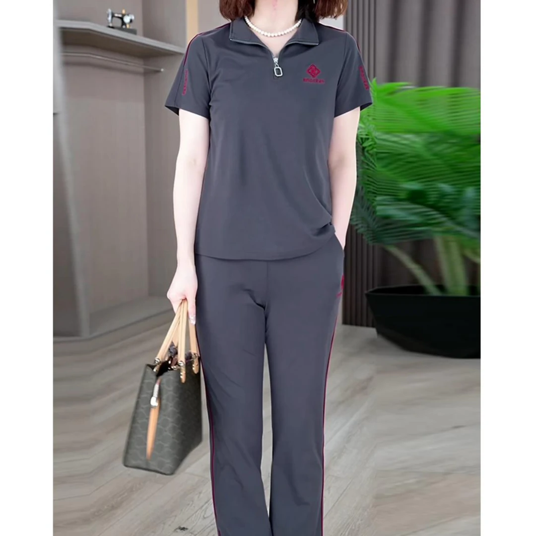 妈妈时尚休闲运动套装女夏装洋气立领显瘦短袖直筒裤两件套中年