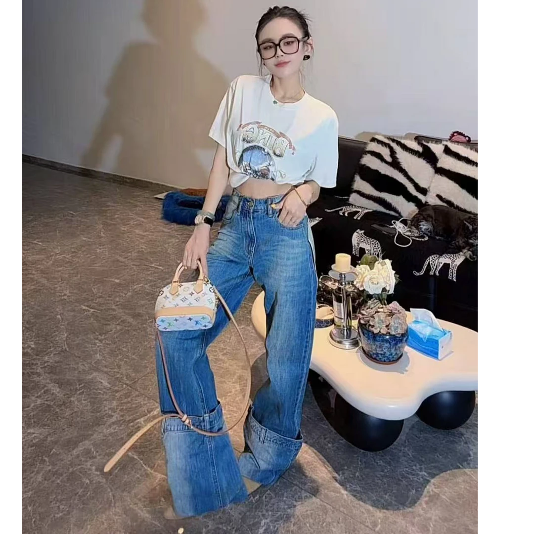 百搭显瘦脚口卷边拖地慵懒风牛仔水洗裤女款