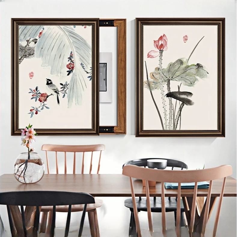 新中式电表箱装饰画国画荷花竖款配电箱遮挡水墨画餐厅挂画