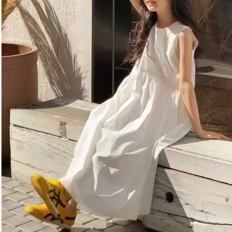 2017韩版2025夏款儿童时尚潮流百搭休闲个性白色褶皱吊带连衣裙