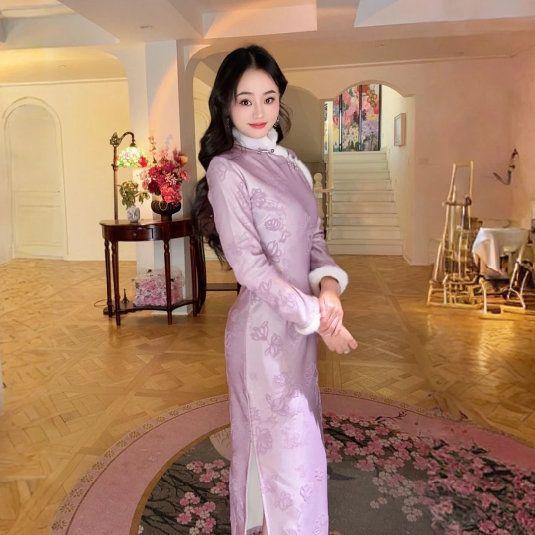 苏故里【紫月】加绒修身文艺显瘦新中式日常旗袍气质衣长120