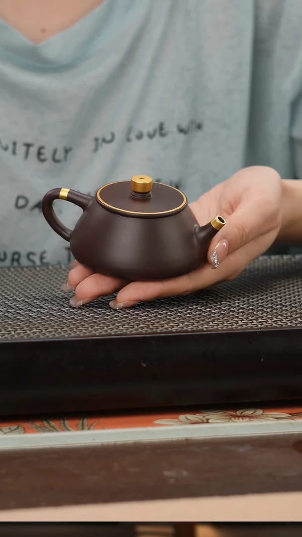 茶壶紫砂四号井茄皮紫泥描金平盖石瓢120cc