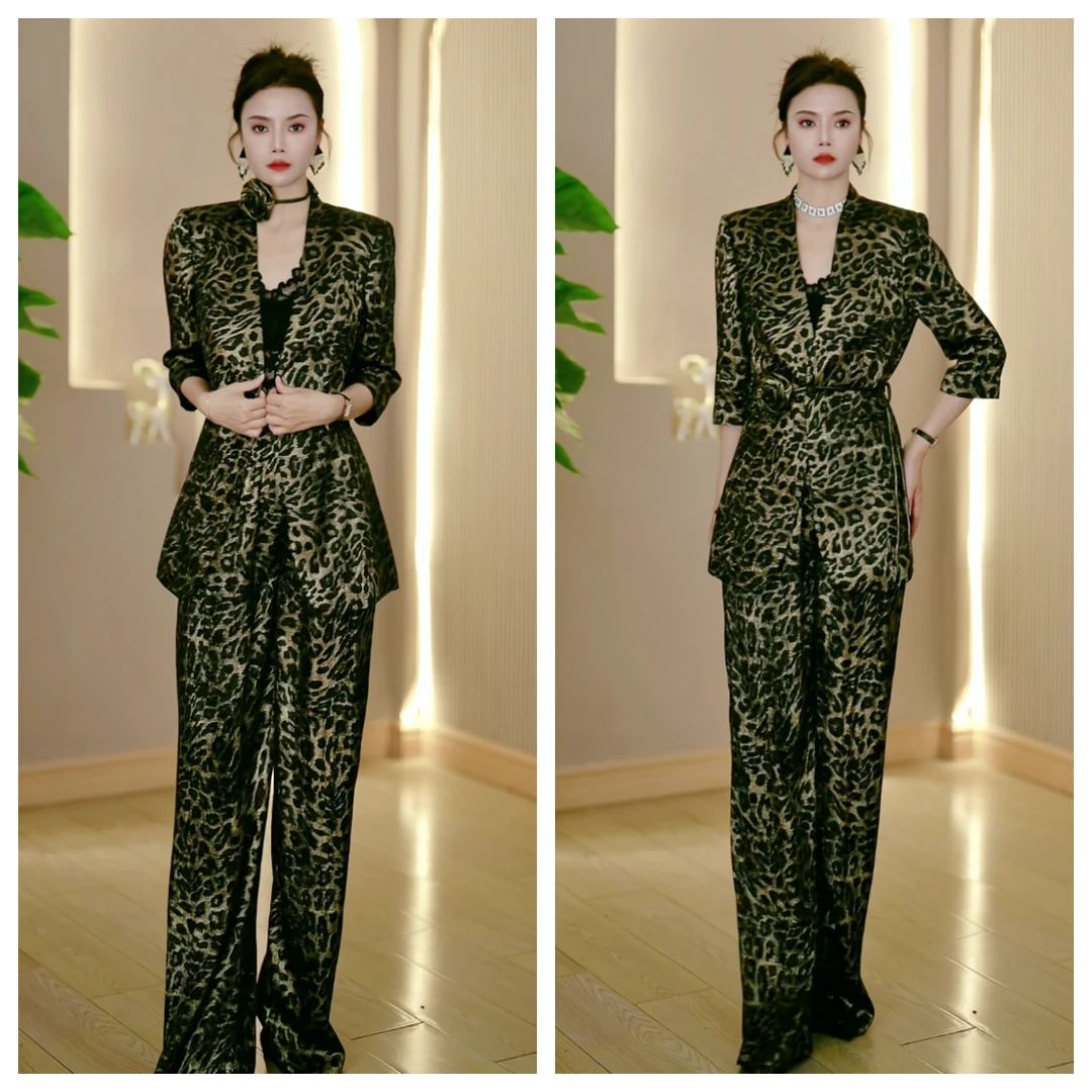 黑金豹纹时尚套装气质显瘦减龄洋气夏季西装薄款女套装高级时尚
