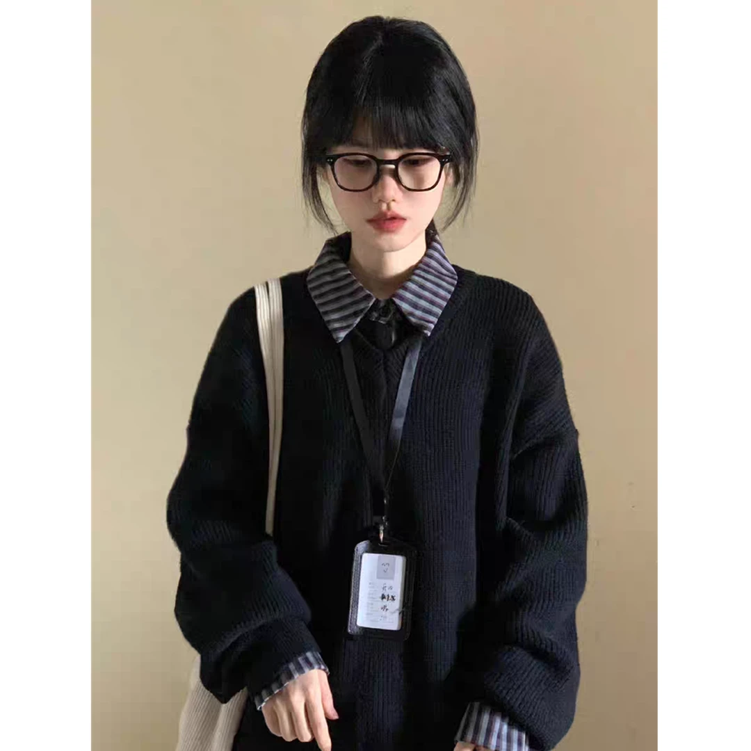黑色宽松毛衣女2025秋冬新款慵懒感百搭韩系V领针织衫假两件上衣