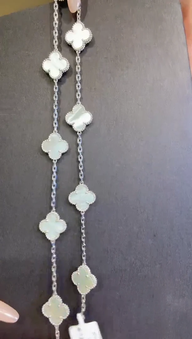 18K金镶嵌贝壳（贝母）项链K白白色十花项链