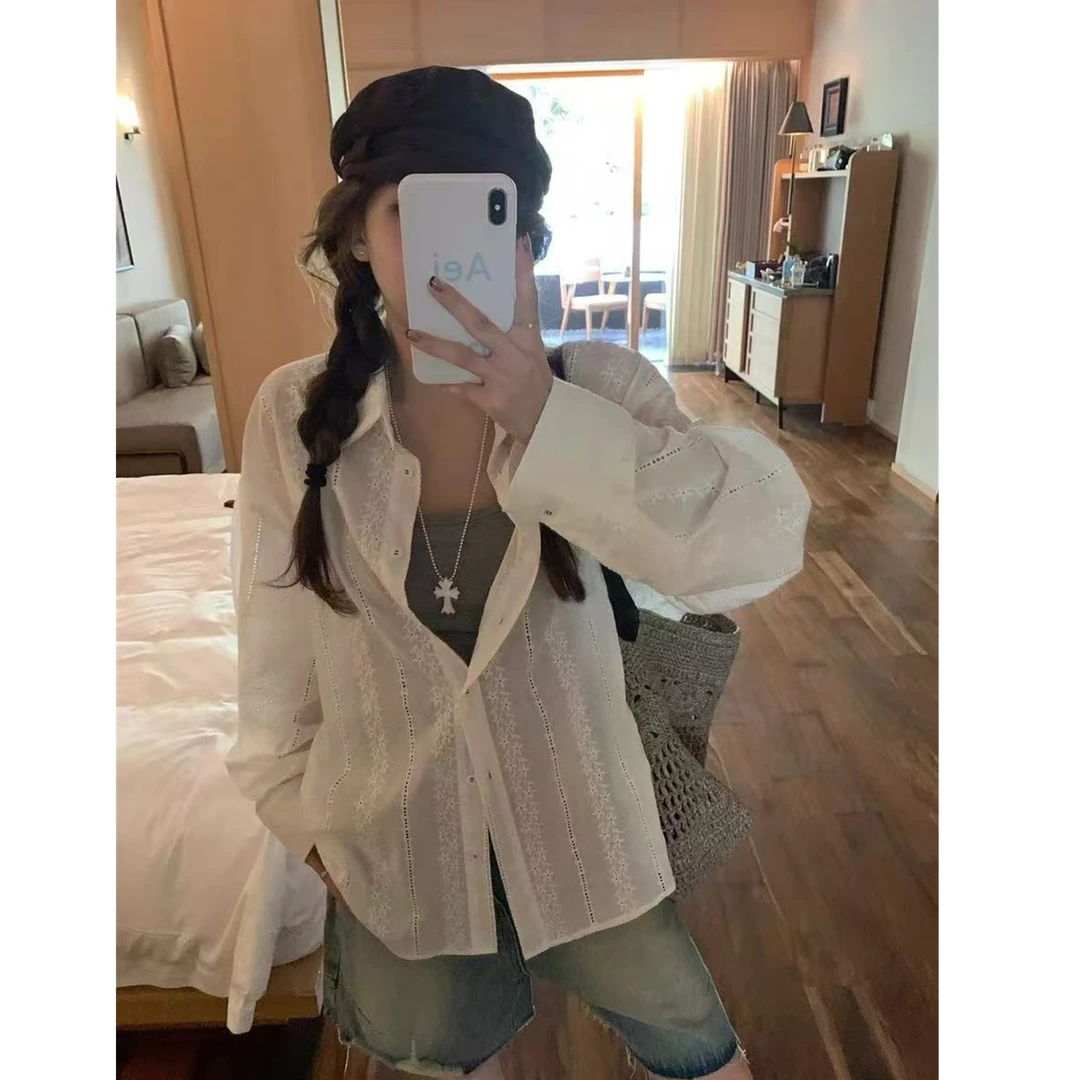 韩系宽松时髦时尚百搭休闲防嗮空调衫长袖镂空提花衬衫61771