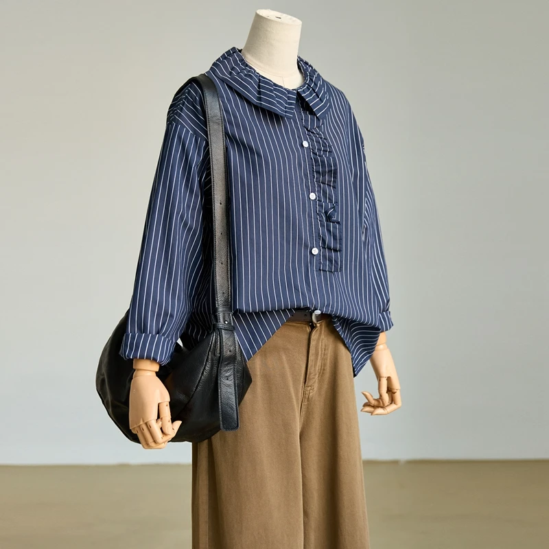 琴川谷百搭减龄竖条纹深蓝色木耳花边领长袖衬衫女上衣短款春小衫