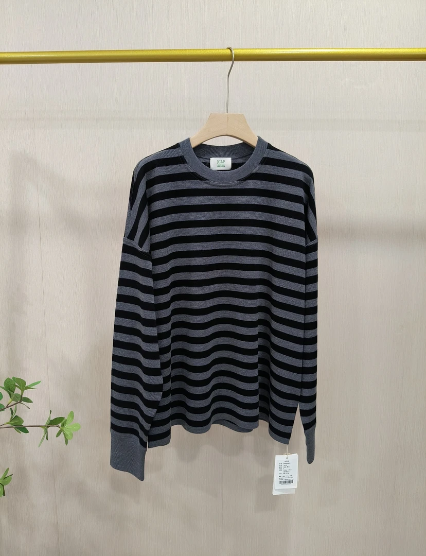 【Hua】76618 秋冬季女士休闲百搭条纹长袖圆领套头羊毛针织衫