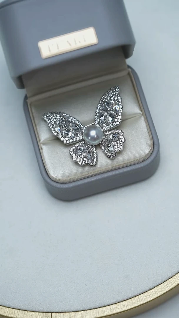 合金胸针海水珍珠10-11澳白蝴蝶胸针