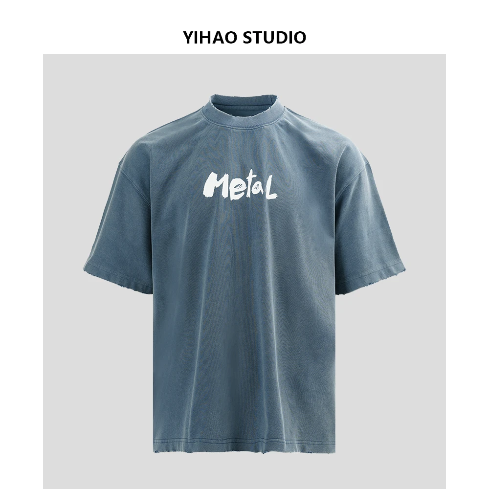YIHAO STUDIO夏季新款男士Metal英文T恤半袖纯棉休闲宽松圆领短袖