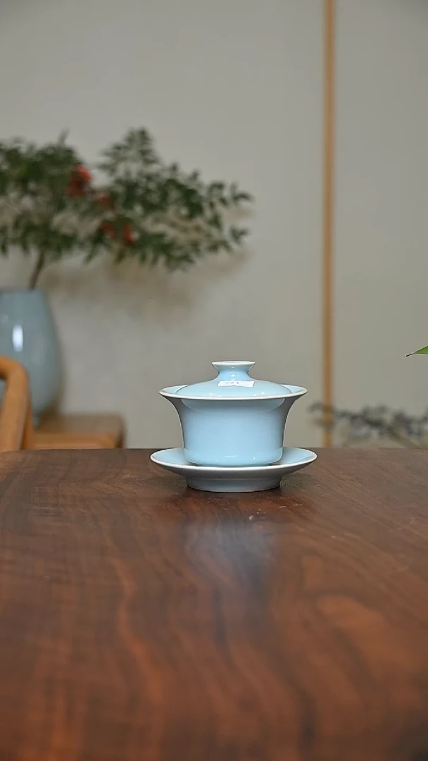 盖碗 天青 微瑕 朱家汝窑款