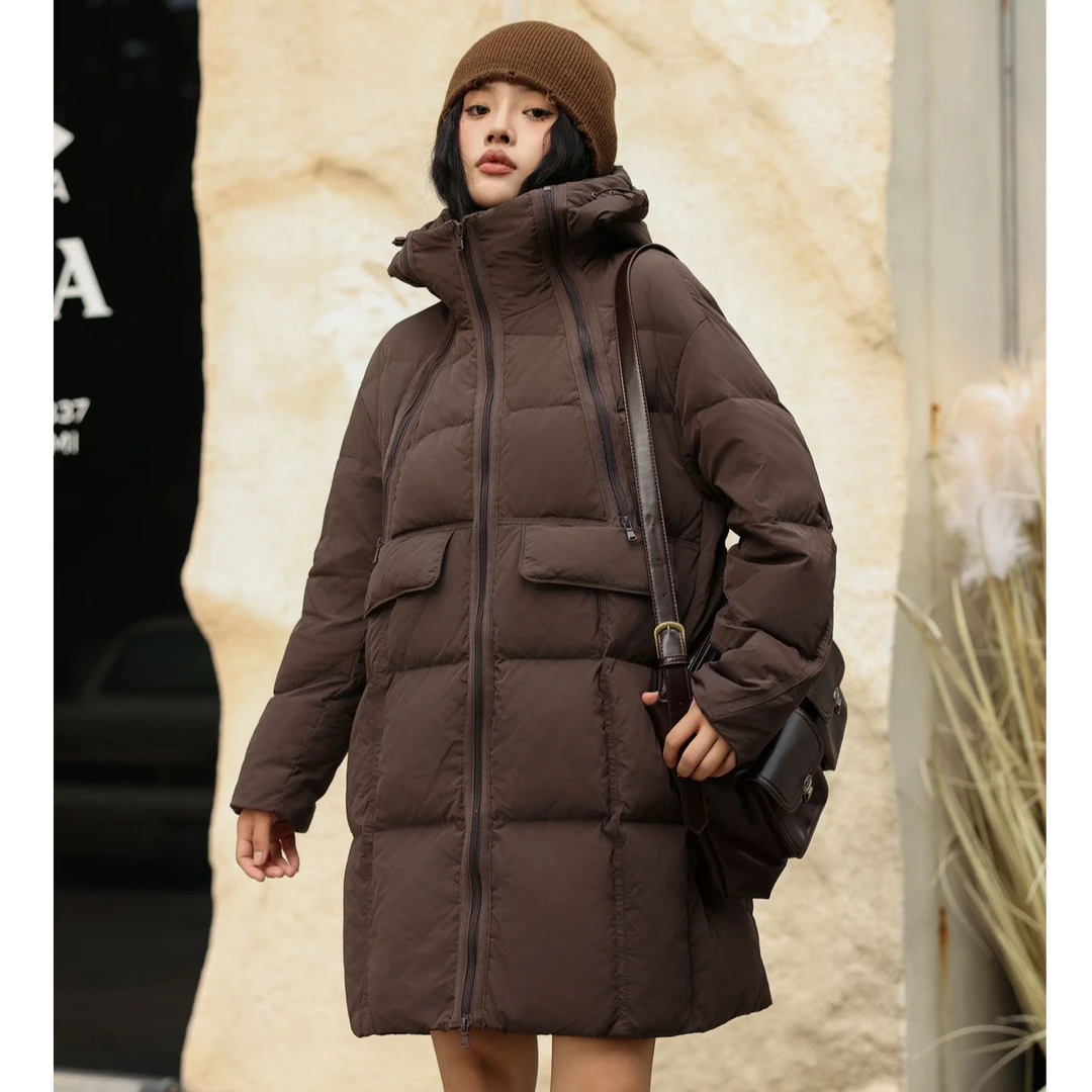 “温暖如初”冬季新款韩版宽松加厚保暖白鸭绒羽绒服女中长款连帽