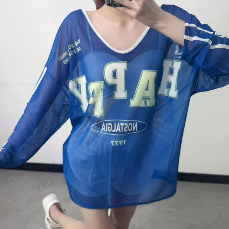 阔版大V领露背网纱印花防晒薄款扎染女外搭罩衫长袖T恤宽松上衣女