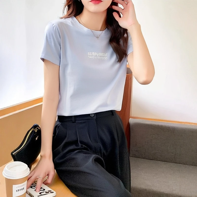 设计感圆领短袖t恤半袖女2024夏季新款韩版别致感百搭宽松上衣