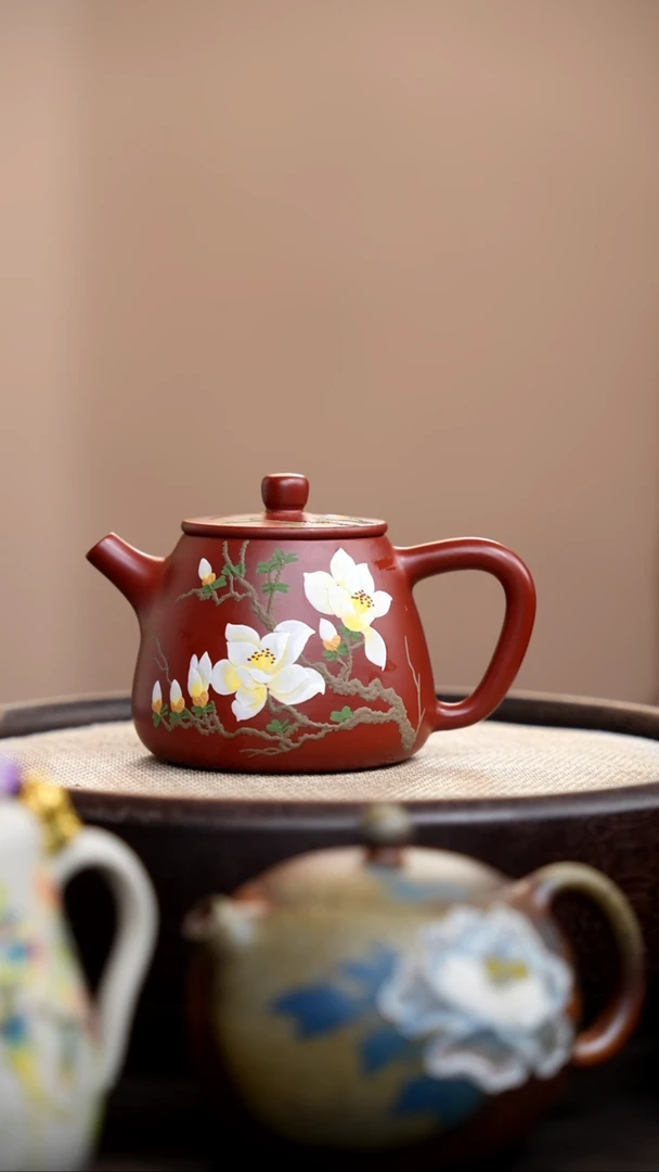 茶壶紫砂朱泥高石瓢泥绘玉兰006