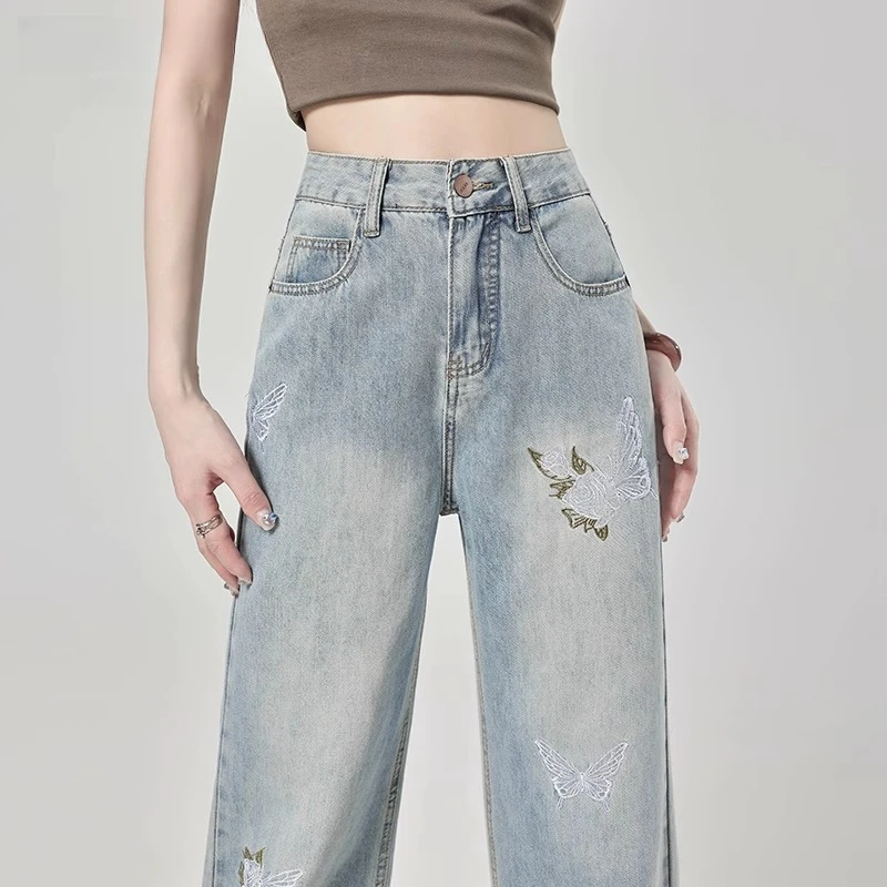 蝴蝶刺绣牛仔裤女春夏2025新款加长高个子浅色高腰窄版直筒阔腿裤