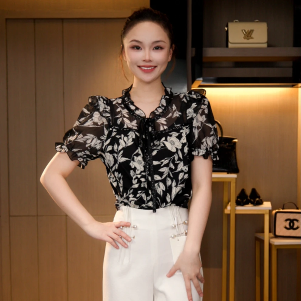 L4X2135 法式复古显瘦气质琉璃双绉丝T恤上衣